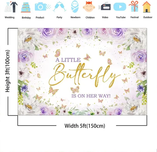 Miniatura 3 de Avezano Telón de fondo de mariposa para baby shower, flores moradas, manchas doradas, con texto en inglés "A Little Butterfly is on the Way", fondo