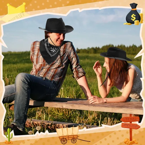 Miniatura 5 de Hillban Paquete de 48 sombreros de vaquero y bandanas, sombreros de vaquero de plástico de fieltro para mujeres y hombres, suministros de fiesta