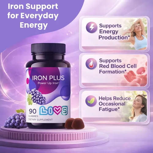 Miniatura 2 de LIVS Gomitas Iron Plus – Suplemento de hierro suave de 20 mg para mujeres y hombres – Apoyo a la anemia – Vitamina C para absorción – Biotina