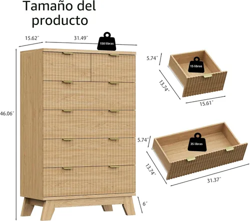 Miniatura 2 de Cómoda acanalada para dormitorio con 6 cajones, cajonera moderna de 46 pulgadas de alto con mango de metal, soporte de TV de cómoda de madera, Roble