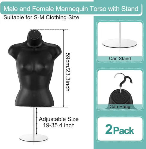 Miniatura 2 de Geetery 2 piezas de maniquí femenino con soporte y gancho para colgar, maniquí de mesa, cuerpo hueco en la espalda para mostrador de manualidades