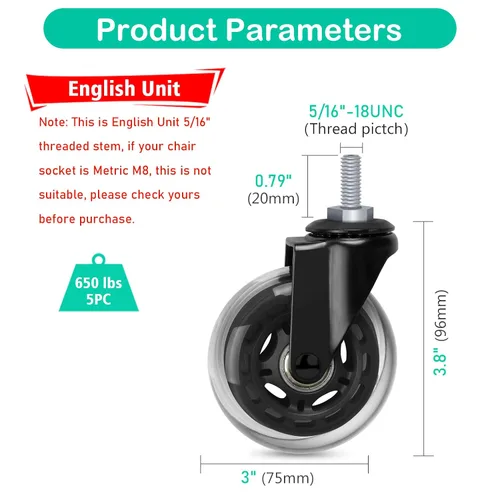 Miniatura 2 de Hirate Paquete de 5 ruedas para sillas de oficina con vástago roscado de 5/16 pulgadas a 18UNC, sillas giratorias suaves de 3 pulgadas, ruedas