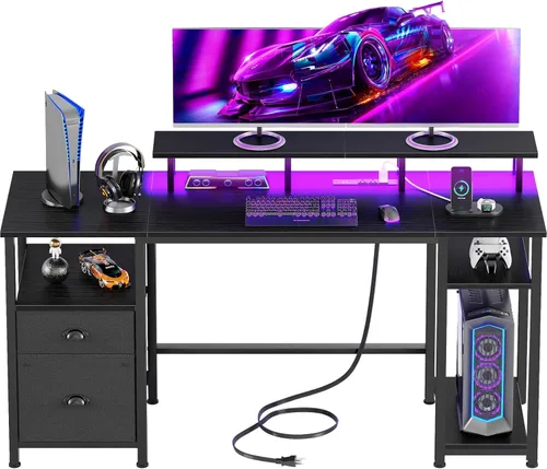 Miniatura 10 de Furologee Escritorio para juegos de 51 pulgadas con tomas de corriente y luces LED, escritorio reversible para computadora con archivador y soporte