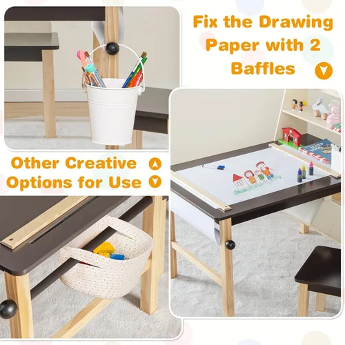 Miniatura 4 de Costzon Juego de mesa y silla de arte para niños, mesa de actividades de madera y 2 taburetes con rollo de papel, 2 marcadores, 2 cubos