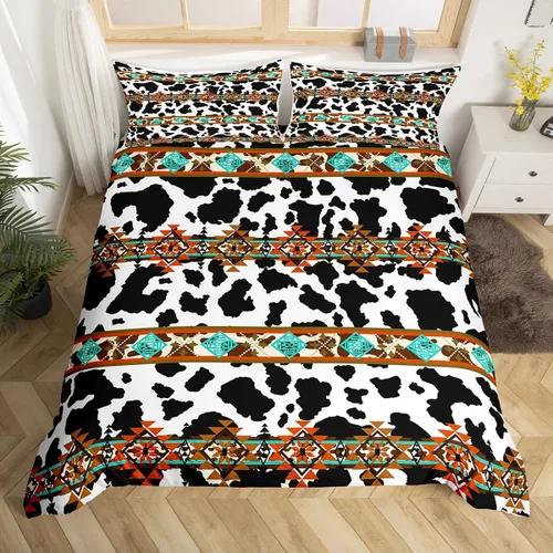Miniatura 10 de Erosebridal Funda de edredón de piel de vaca marrón con estampado de vaca de las tierras altas, juego de ropa de cama occidental exótico azteca