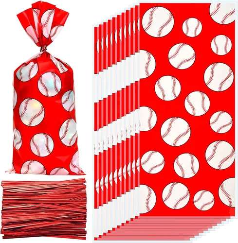 Miniatura 8 de Outus 100 bolsas de celofán de béisbol para regalo de béisbol, bolsas de plástico para golosinas deportivas, bolsa de aperitivos con lazos Azul