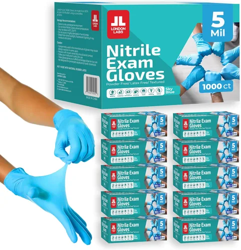 London Labs NITRILE - Guantes desechables de 4 mil de grosor, sin látex y sin polvo (1000 unidades, grande, azul)