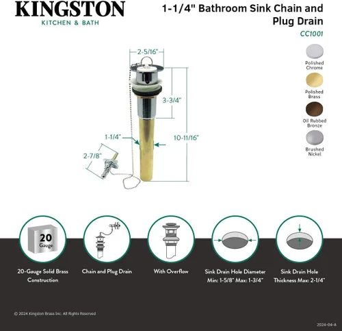Miniatura 4 de Kingston Brass CC1001 Concord - Drenaje extraíble de calibre 20 con tapón, 2-5/16 pulgadas, cromo pulido