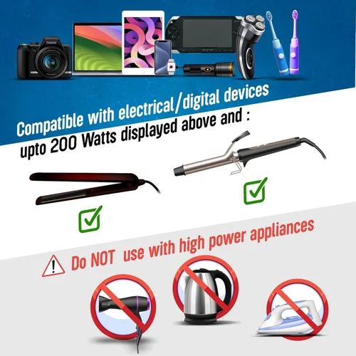 Miniatura 3 de Ceptics Convertidor de voltaje reductor de 200 W – Convertidor de voltaje de 220 V a 110 V para rizador, alisador, cargador – Carga rápida USB-A y C