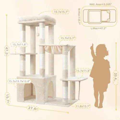 Miniatura 7 de Heybly Árbol para gatos resistente, torre para gatos de interior grande para adultos, casa condominio alta para gatos con zócalo extragrande