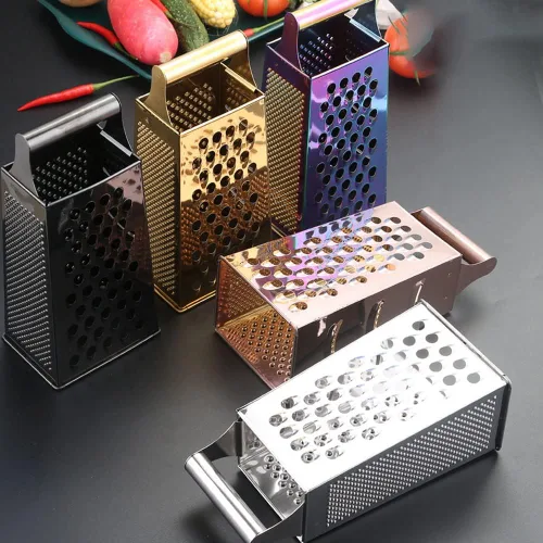 Rallador de caja para cocina, rallador de queso de 4 caras, acero inoxidable dorado para queso, papa, pelador de zanahorias y rebanador, accesorios