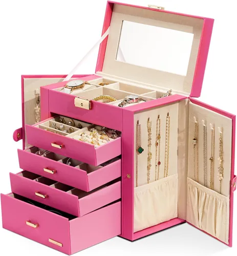 Miniatura 46 de Homde Regalos de Navidad de cuero sintético, enorme joyero, organizador de reloj con espejo, collar, anillo y aretes, estuche de regalo con Dorado