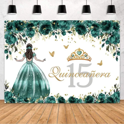 MEHOFOND Telón de fondo de quinceañera Sweet 15 Girl Miss Quince Banner de rosas verdes y doradas, corona de niña en vestido de princesa, fiesta de