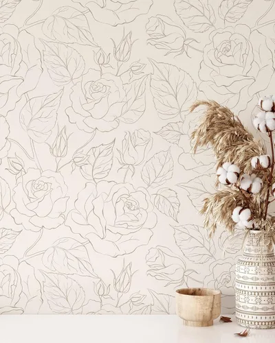 Papel pintado de rosas bohemias, papel tapiz minimalista autoadhesivo extraíble, mural floral para despegar y pegar (1 rollo de 24 pulgadas de ancho