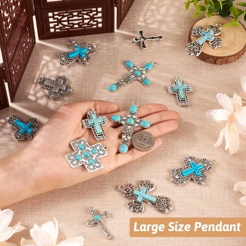 Miniatura 7 de Pandahall - 14 dijes de cruz de piedra turquesa, estilo tibetano, turquesa, gran colgante, aleación, religión, cruz, joyería de turquesa occidental