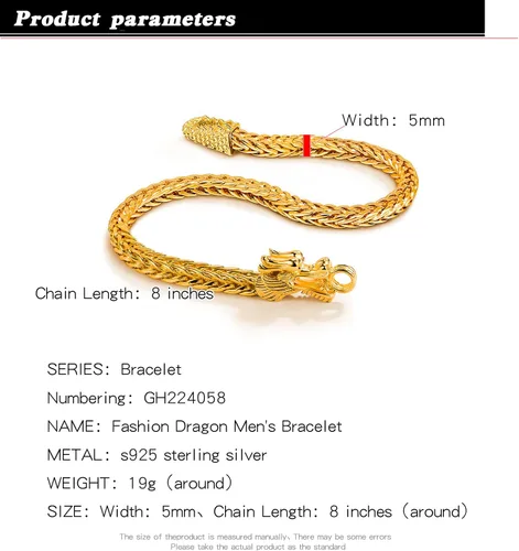 Miniatura 6 de H&Beautimer Pulsera de cadena de dragón de plata de ley 925 de moda, 5MM-7 "8" 9" Brazalete de eslabones laterales gruesos sólidos para hombre