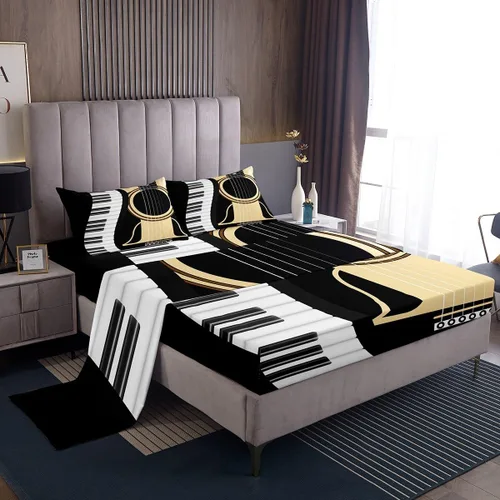 Miniatura 20 de Erosebridal Juego de sábanas con temática musical de música rock, tamaño Queen, juego de sábanas con estampado de notas musicales, juego de sábanas