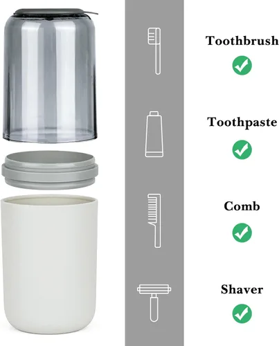 Miniatura 3 de Soporte para cepillo de dientes de viaje, estuche 2 en 1 y taza de enjuague, contenedor portátil para artículos de aseo personal con orificio de Gris