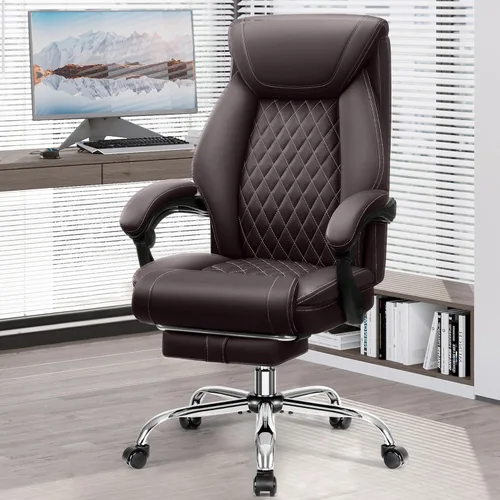 Miniatura 11 de Silla de oficina, Silla de escritorio ergonómica de respaldo alto para oficina en casa, Silla de oficina grande y alta de cuero transpirable con Café