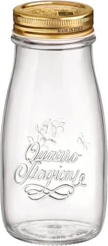 Bormioli Rocco Quattro Stagioni, frasco de cristal para enlatado y botella de bebida, 13.5 Oz. con tapa hermética de metal dorado, hecho en Italia.