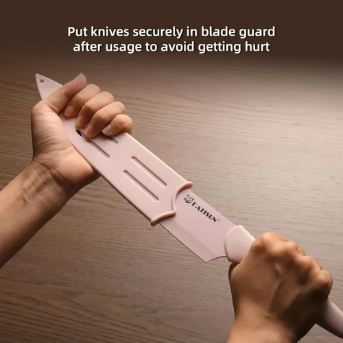 Miniatura 6 de Juego de cuchillos de cocina con protectores, juego de cuchillos antiadherentes de color rosa en caja, antioxidante y apto para lavavajillas, 6