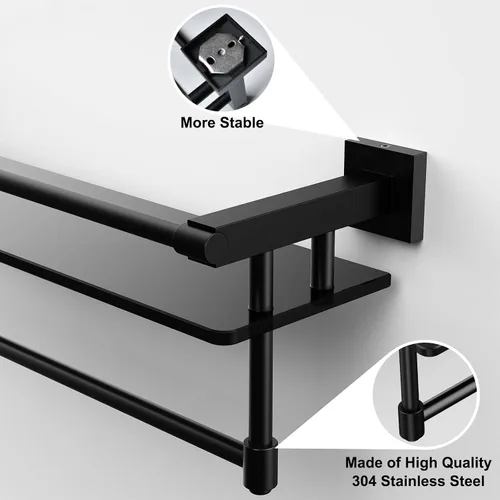 Miniatura 6 de Estante de vidrio para baño de 20 pulgadas, estantes de baño con barra para toallas, estantes de vidrio templado con soporte para toallas de acero