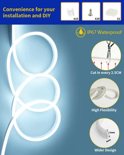 Miniatura 2 de DUOFU365 - Tira de luces LED neón blanca, DC 12V 600 LED SMD2835, tiras de luces LED de neón de cuerda mejoradas, flexibles e impermeables de 16.4