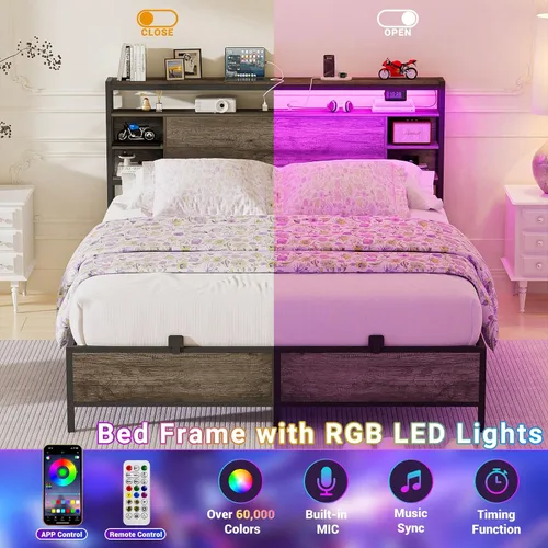 Miniatura 5 de Unikito Base de cama de tamaño individual con estación de carga y luz LED RGB, plataforma resistente con cabecera de almacenamiento, listones