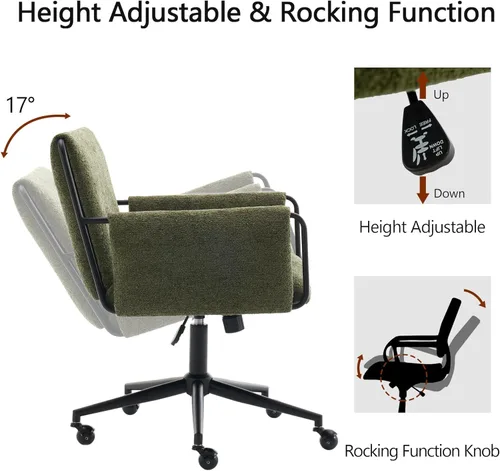 Miniatura 3 de Rowill Silla de oficina moderna, silla de escritorio giratoria, tela Green Boucle, altura ajustable, capacidad de 300 libras, ruedas, reposabrazos