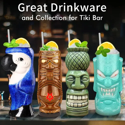 Miniatura 6 de SuproBarware Tiki - Juego de 4 tazas grandes de cerámica hawaiana para fiesta, cócteles, copas tropicales de primera calidad, bonitas copas