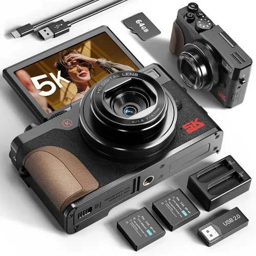 Cámaras digitales True 5K de 64 megapíxeles para fotografía - Enfoque automático, zoom 18X, con pantalla giratoria de 3'' 180°, tarjeta TF de 64 GB