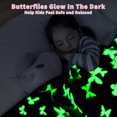 Miniatura 3 de Manta que brilla en la oscuridad, regalos de mariposa para niños y niñas, cumpleaños, Navidad, dormitorio, decoración de habitación, suave, Morado