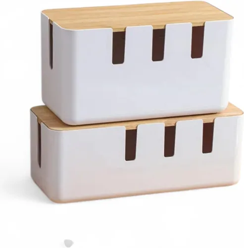 Juego de 2 cajas de organización de cables, organizador de cables con tapa de bambú, caja organizadora de cables grande y mediana para escritorio,
