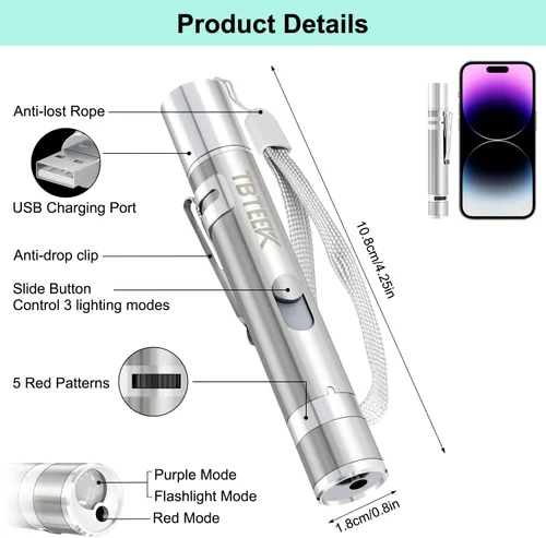 Miniatura 7 de TBTeek Juguetes para gatos, recargables, 3 modos de luz y 5 patrones ajustables, juguete portátil interactivo para gatitos, perros, gatos, ratón