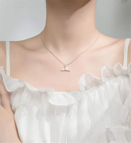 Miniatura 2 de Collar de plata de ley con forma de cola de sirena de cristal para mujeres y niñas delicada colgante de cola de ballena de delfín de peces