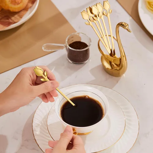 Miniatura 6 de Juego de Soporte para Cucharas de Café Pequeñas Dorado, Base de Cisne con Juego de 12 Cucharas Demitasse para Espresso, Cuchara de Postre Mini