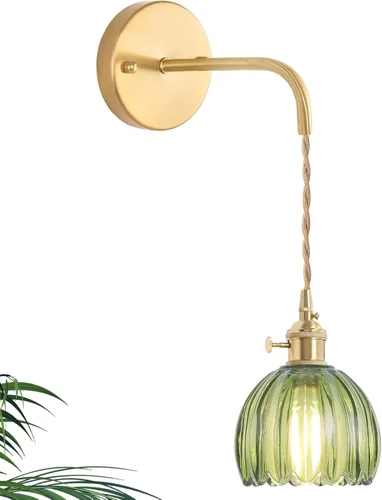 Miniatura 23 de Shenmoyl Candelabro de Pared Operado por Batería con Soporte de Cadena Ajustable, Patrón de Tulipán Verde, Vidrio con Diseño Retro en Oro, Lámpara