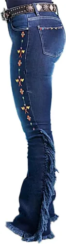 Miniatura 2 de Flamingals Jeans de corte de bota con dobladillo sin procesar con flecos laterales bordados para mujer, sin cinturón, pantalones casuales