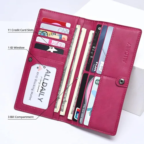 Miniatura 3 de Alldaily Ultra Delgado Fina Cartera para Mujer Bloqueo RFID Titular de Tarjetas de Crédito Bifold Largo Billfold Damas, Fucsia púrpura, Minimalista