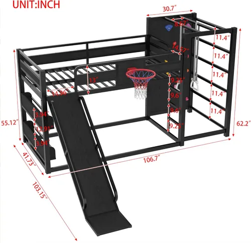 Miniatura 2 de Bellemave Litera de tamaño individual con aro de baloncesto, anillos de dominadas y pared de escalada, litera individual con tobogán y estantería