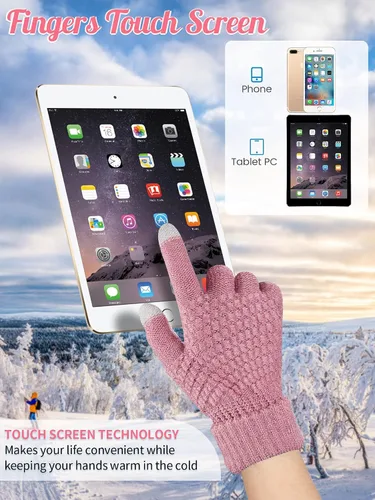 Miniatura 4 de Juego de 6 guantes de invierno, 3 sombreros de punto de invierno y 3 pares de guantes cálidos para pantalla táctil para mujeres y hombres al aire