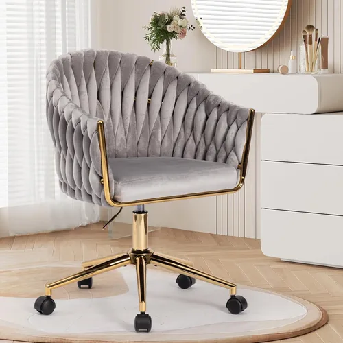Silla de Oficina de Terciopelo con Respaldo Tejido a Mano, Sillas de Escritorio de Tocador con Ruedas Doradas, Silla de Escritorio Giratoria para