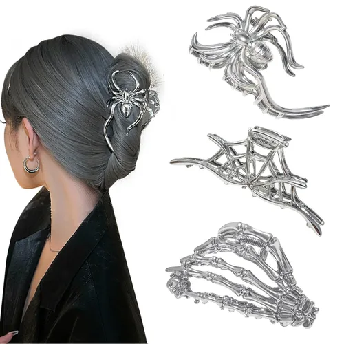 Miniatura 10 de Parcce 3 pinzas góticas para el cabello para mujer, pinzas de mano de esqueleto de murciélago negro metálico, accesorios de cabello de Halloween