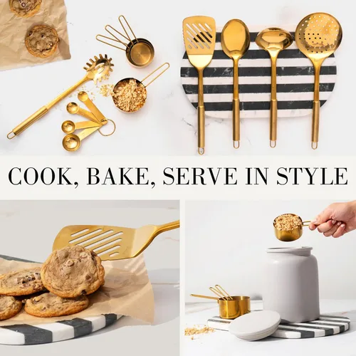 Miniatura 5 de Juego de utensilios de cocina dorados con tazas medidoras y cucharas, 13 piezas de accesorios de cocina dorados de lujo, incluye tazas medidoras