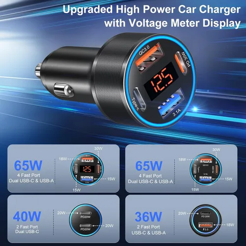 Miniatura 6 de Cargador de coche USB C, 4 puertos 65W Dual 12V USB-A y USB-C Cargador de teléfono para automóvil con voltímetro PD/QC 3.0 Cargador de encendedor