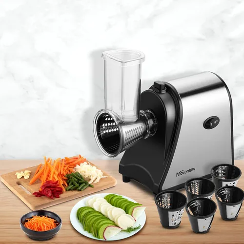 Miniatura 8 de Rallador de queso eléctrico 5 en 1 con 5 cuchillas, trituradora de queso de un solo toque de 250 W y rebanadora de verduras para queso, frutas