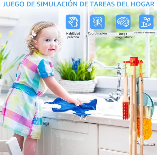 Miniatura 4 de Conjunto de limpieza de madera para niños pequeños, 8 piezas de juguetes de limpieza Montessori con escoba y trapeador para niños, juguete