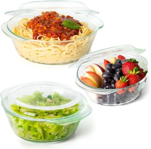 Moss & Stone Juego de 6 recipientes de vidrio transparente para horno con tapas, juego de utensilios de vidrio borosilicato templado duradero, apto
