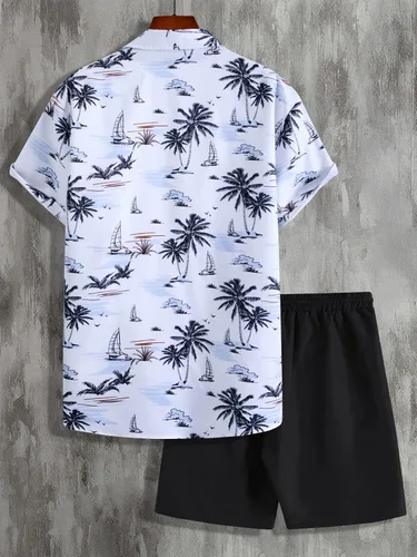 Miniatura 2 de Cozyease Conjunto de camisa hawaiana y pantalón corto para hombre, conjunto casual de 2 piezas, camisa floral con botones y pantalones cortos