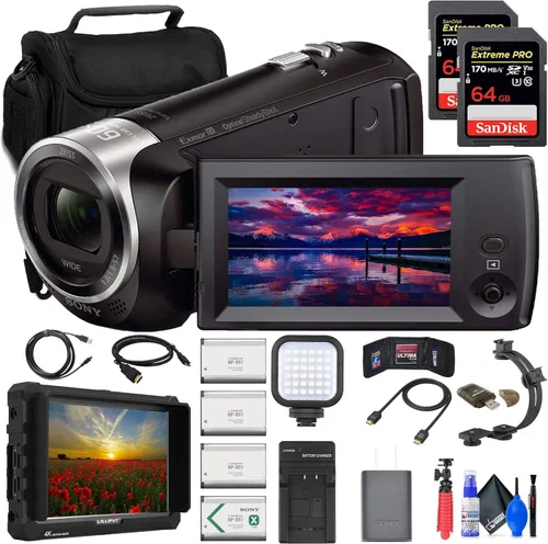 Sony HDR-CX405 HD Handycam (HDRCX405/B) + monitor 4K + 2 tarjetas de memoria de 64 GB + bolsa + 3 baterías NP-BX1 + lector de tarjetas + luz LED +